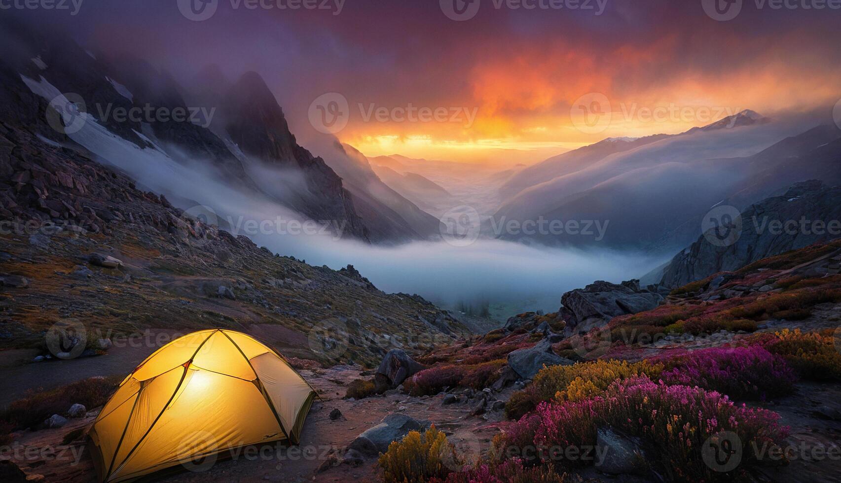 glowing yellow tourist tent, mountains in fog and spring flowers photo