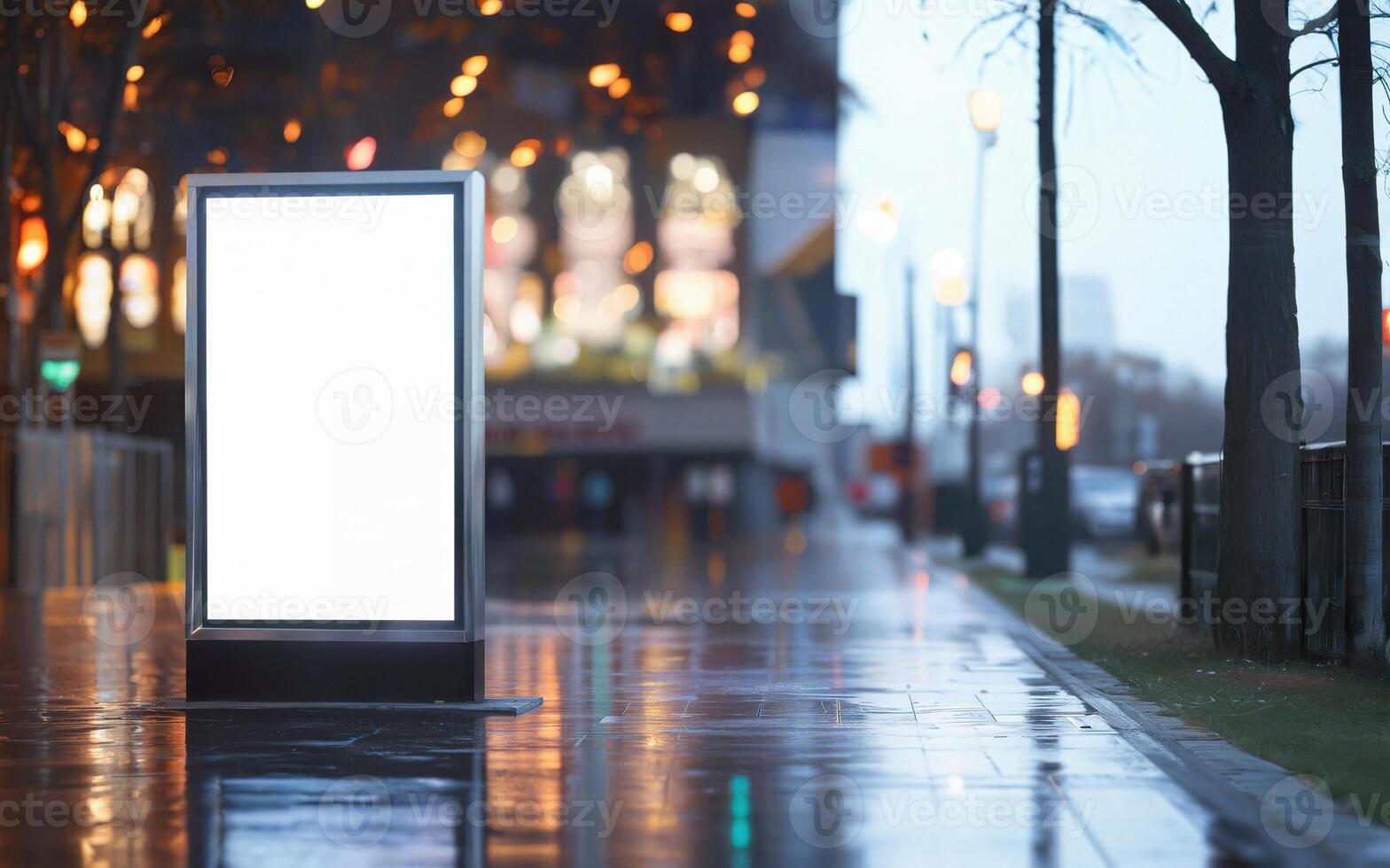 mockup of empty street billboard, banner, poster, blurred bokeh background photo