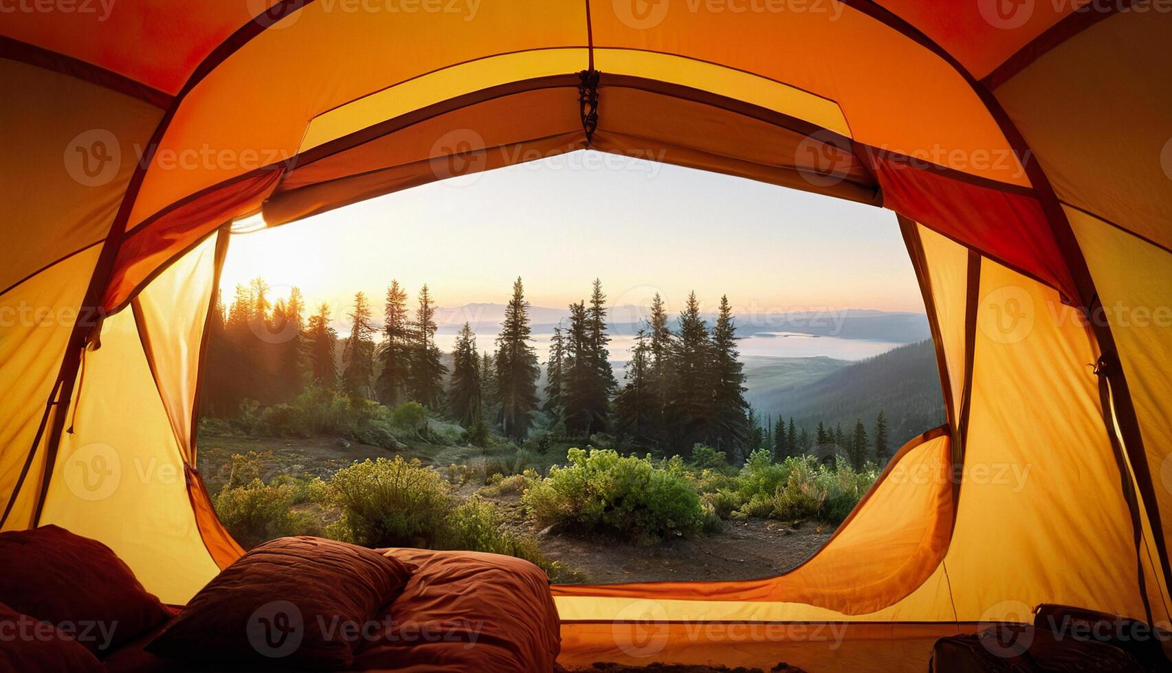 POV of camping tent, forest and mountain lake photo