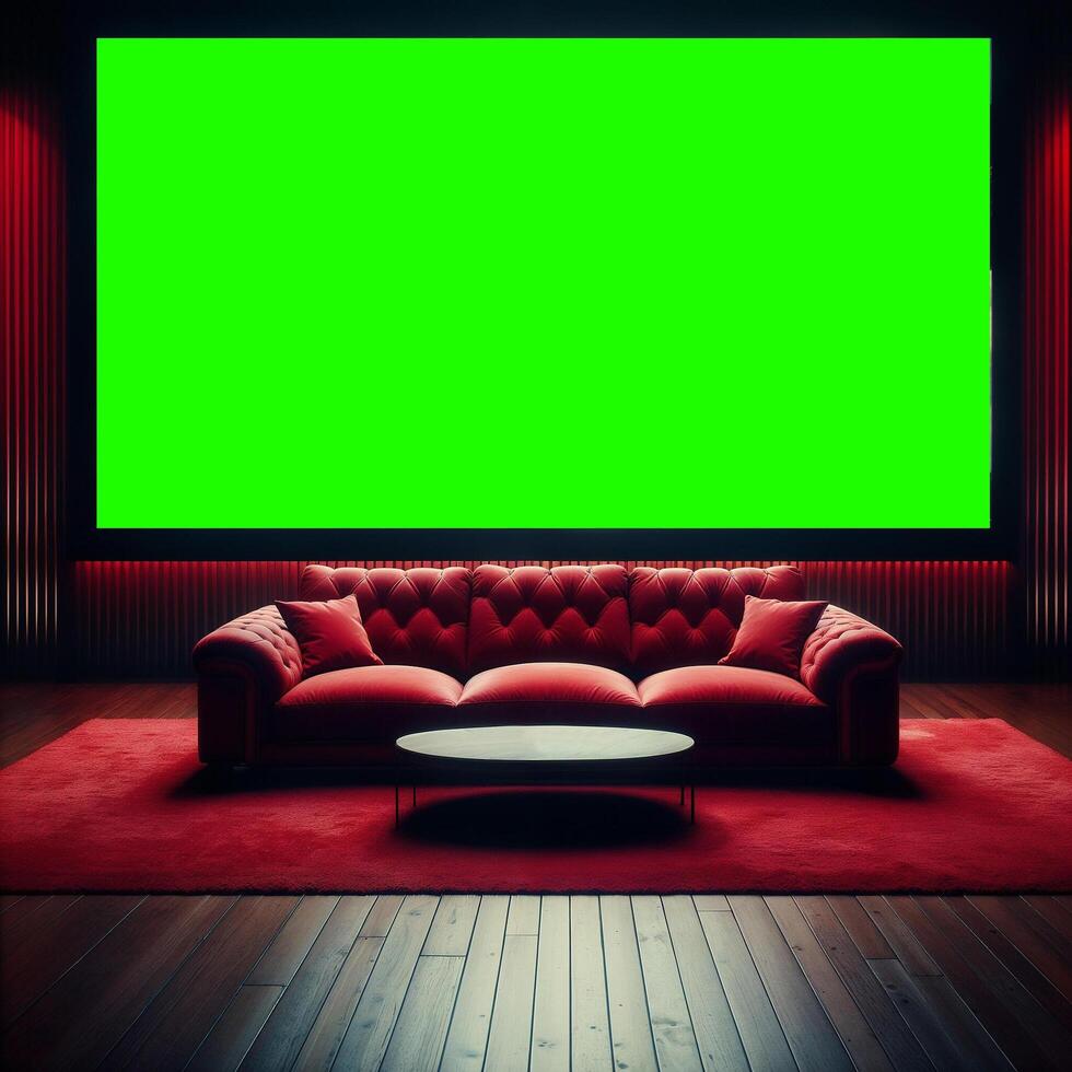 red sofa in a room with green background photo