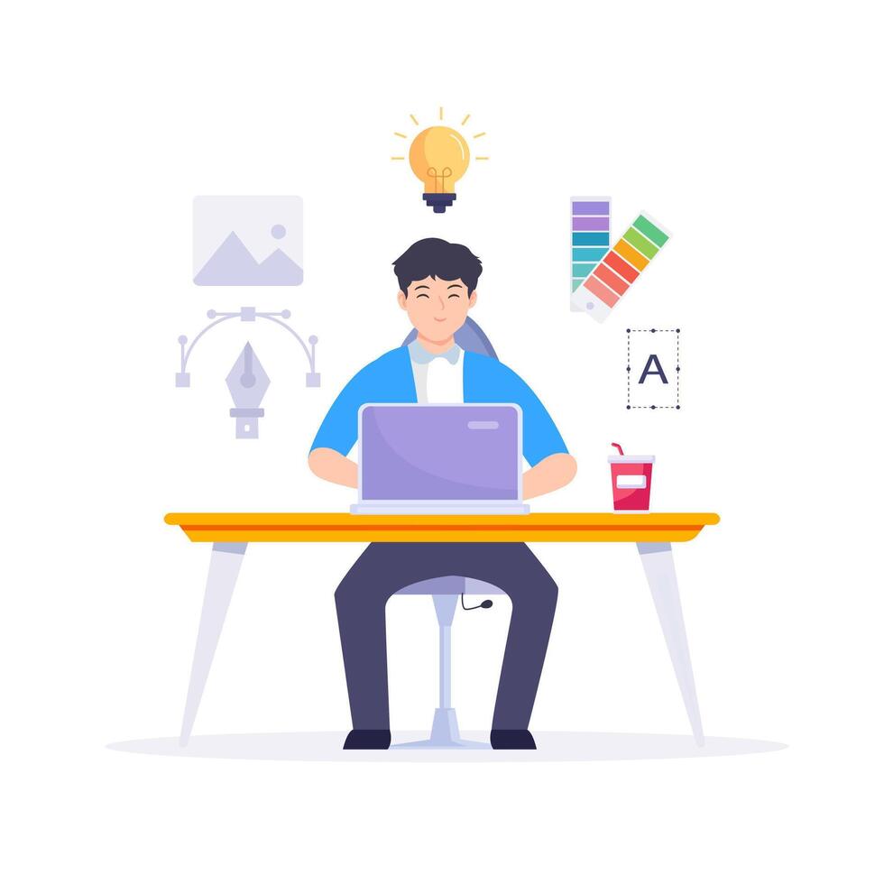 Graphic designer work on desk illustration. vector