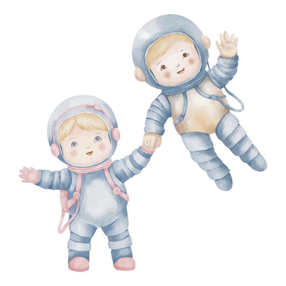 Cosmonauts watercolor illustration. Hand drawn Astronauts in a Space on isolated background. Drawing of girl and boy Spaceman for Baby shower greeting cards or birthday invitation pastel colors vector