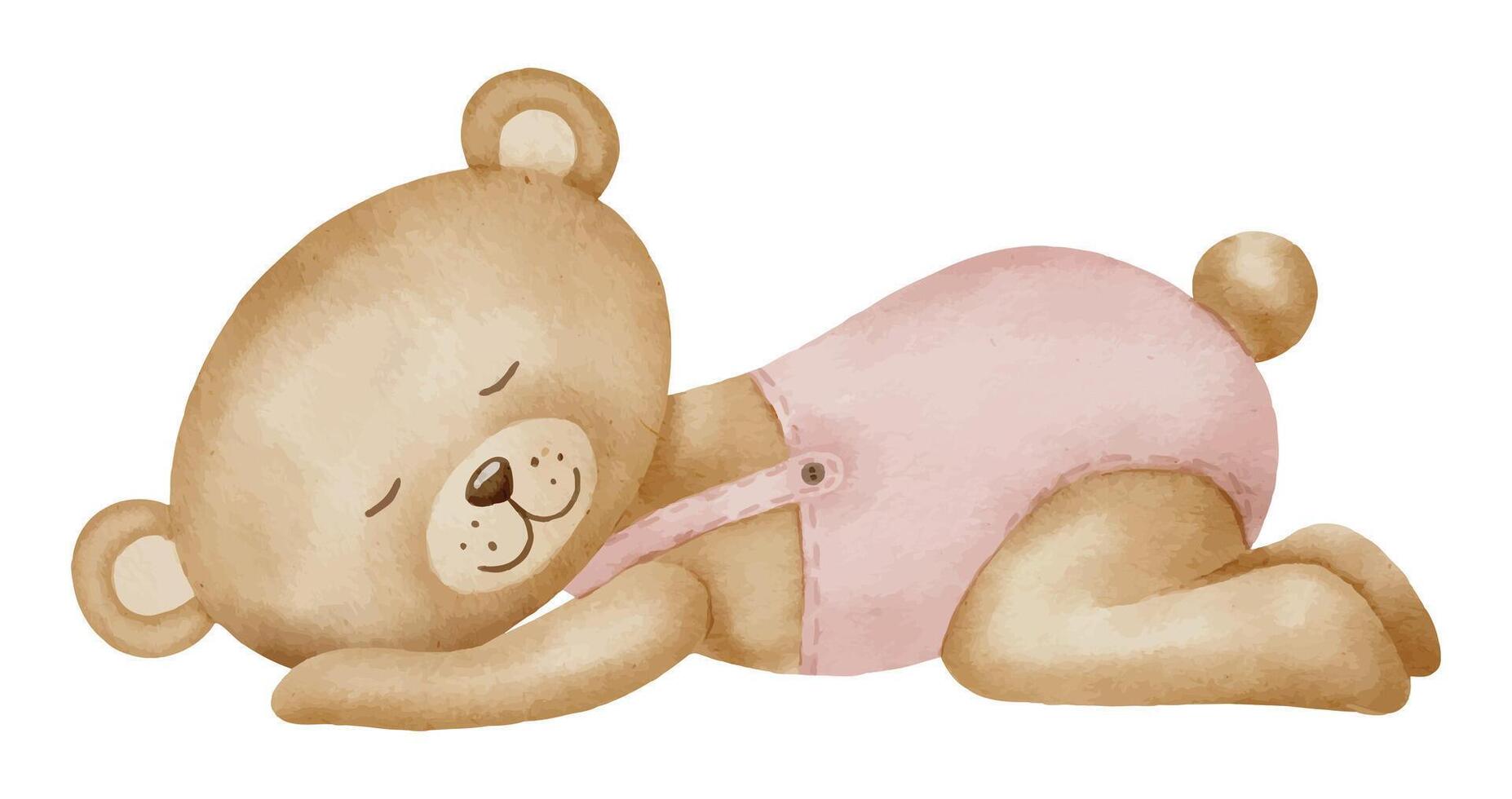 Cute little sleeping Teddy Bear. Hand drawn watercolor illustration of animal toy for Baby shower greeting cards or invitations. Childish drawing for nursery design or kids postcards in pastel colors vector