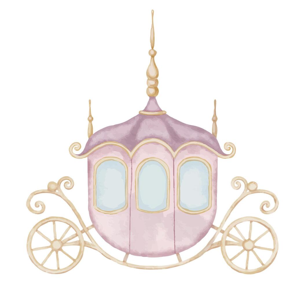 Charming Fairytale Carriage Watercolor Illustration in Pastel Colors. Enchanting Princess Coach for Nursery Wall Art an baby shower greeting cards. Drawing for girl birthday cards and childish design vector