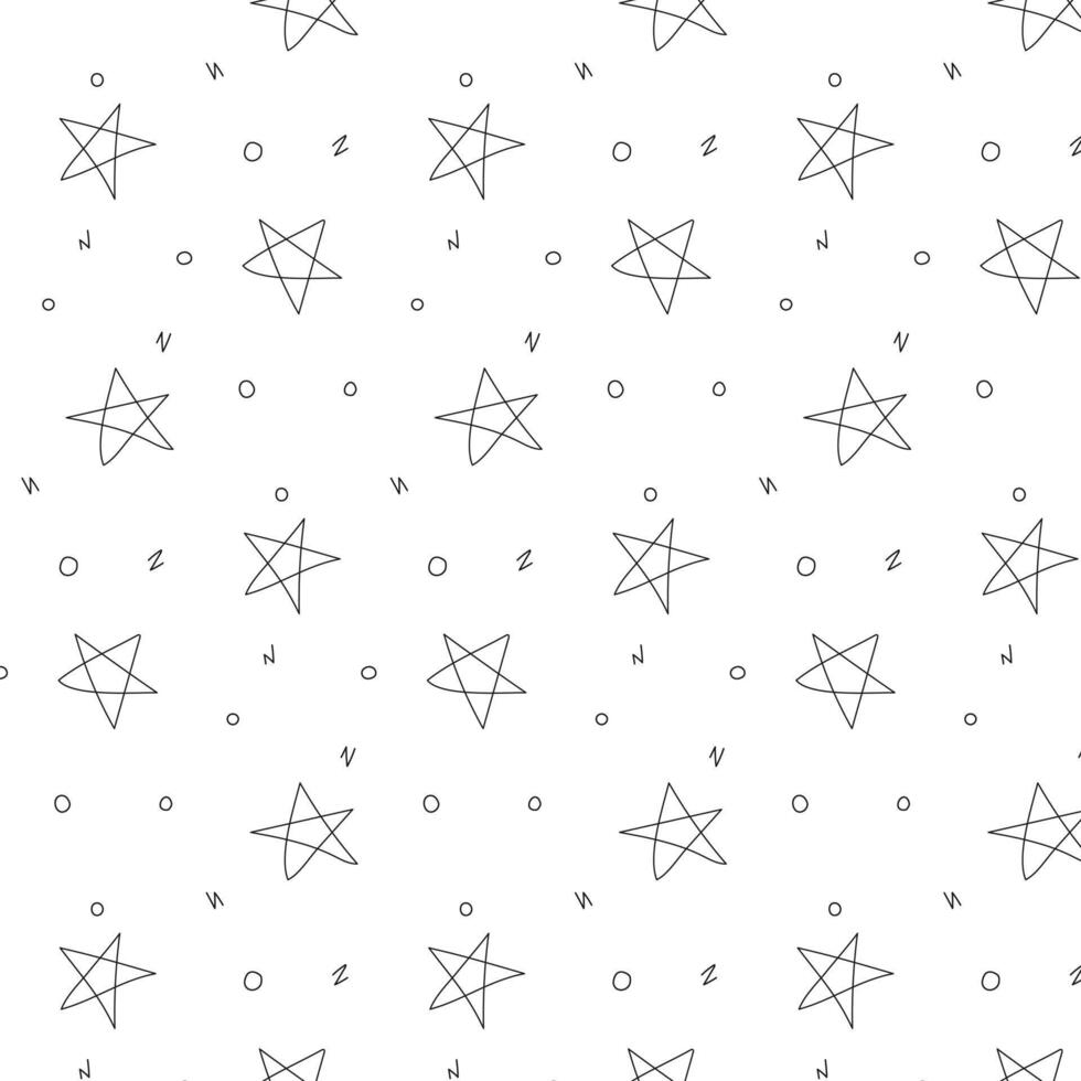 Hand drawn stars and scribble shapes on white background seamless pattern. Doodle simple design for card, party, cover. vector