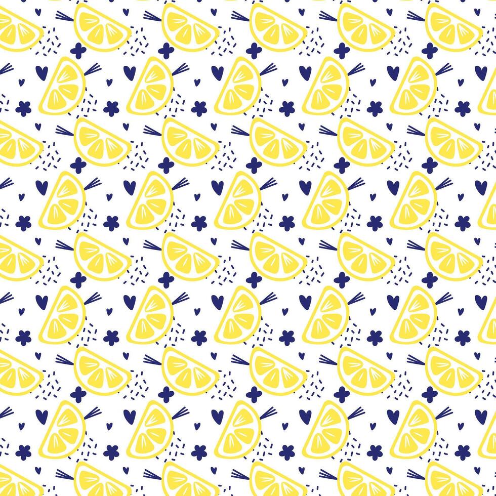Bright fruit seamless pattern. Lemon slices, hearts, flowers and decorative shapes repeat on white background. Abstract flat design for print, cover, cad. vector