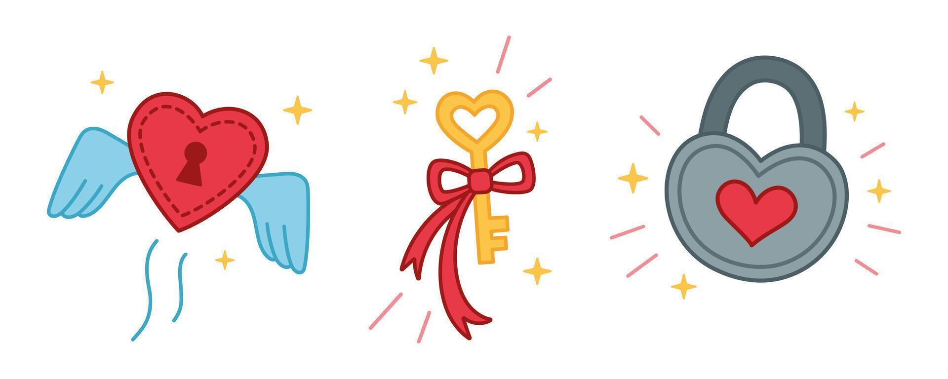 Set of cute love illustrations. Locked heart and the key to it. Love concept. Design elements for valentines day. Romantic doodle icons pack. Hand drawn, freehand cartoon style. vector