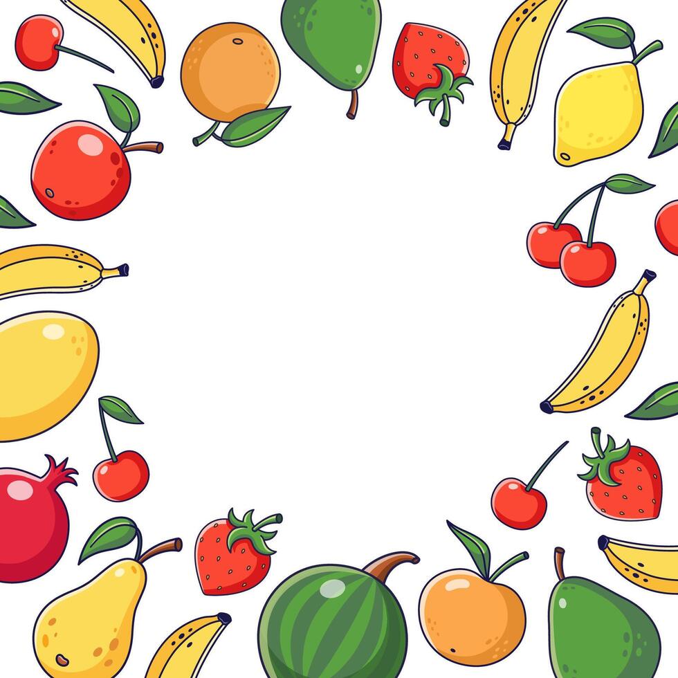 Summer fruits harvest square frame. Summer time postcard template. Juicy fruits frame in doodle style. Cartoon illustration, decor frame. Copy space vector