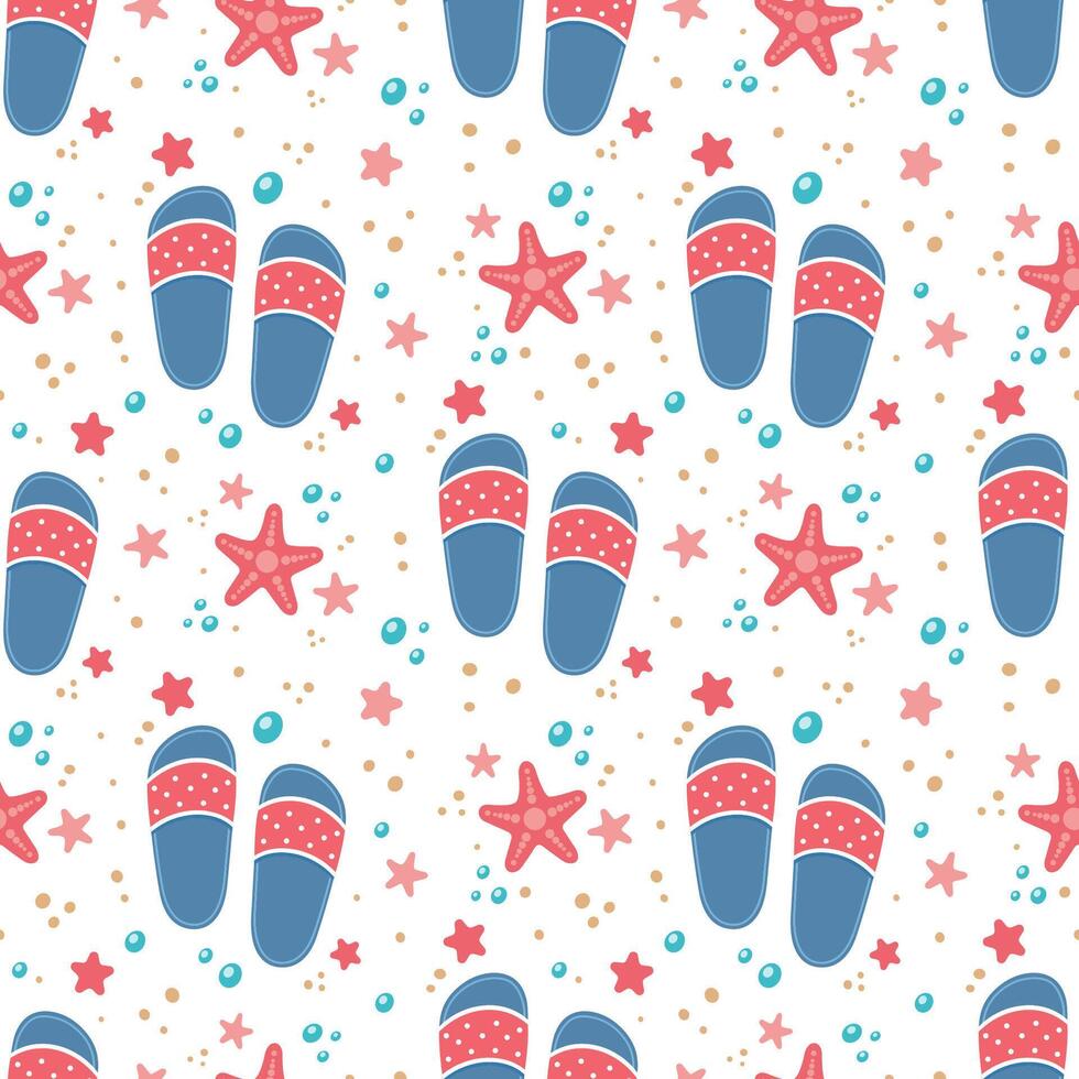 Flip flops icon with starfishes seamless pattern. Cute texture for summer design. Beach vacation concept. Cartoon illustration isolated on white. Flat design. vector