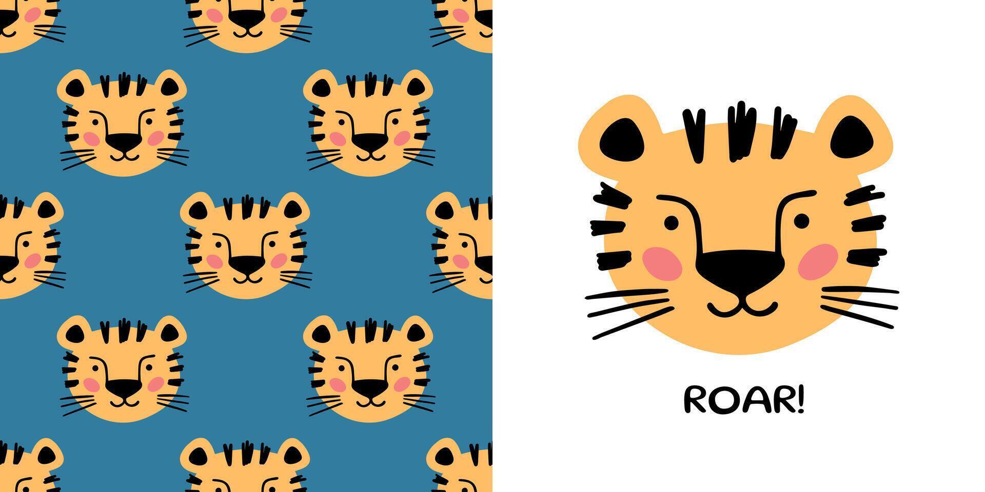 Hand drawn tiger with lettering Roar for designing baby clothes. Illustration in doodle style on blue background. Postcard with tiger and seamless pattern. Cartoon Bohemian nursery print. vector