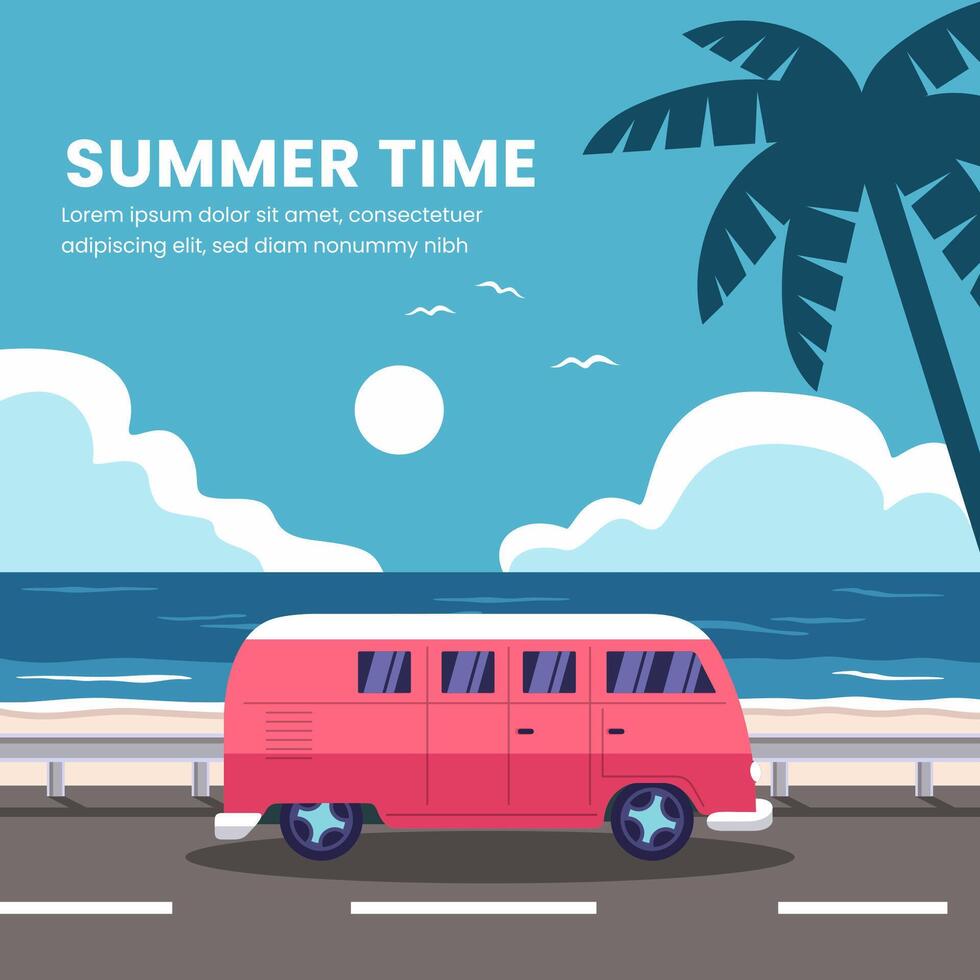 Summer banner design template with the van pass the beach. Illustration in Minimalistic style vector