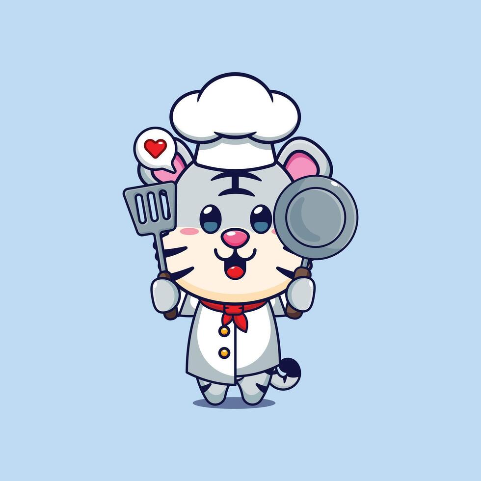 Cute chef white tiger cartoon illustration vector