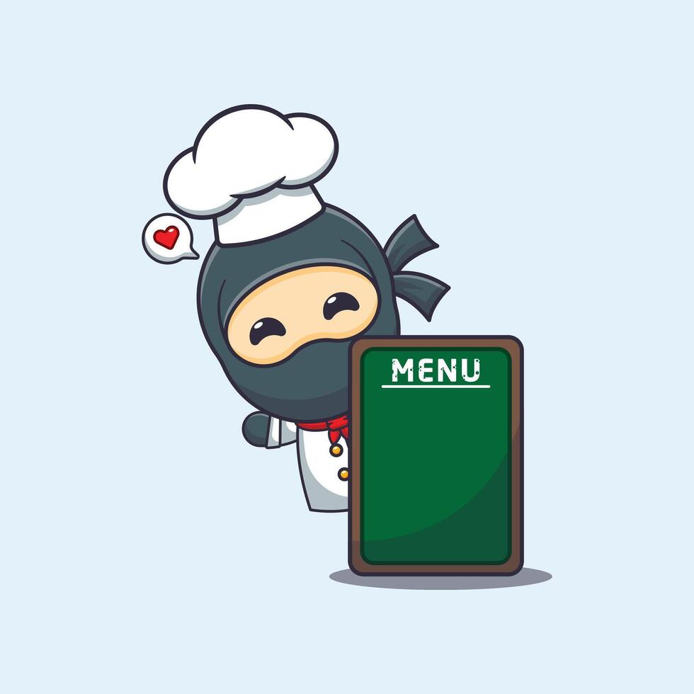 Cute chef ninja with menu board cartoon illustration vector