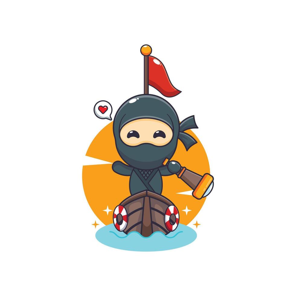 Cute ninja mascot cartoon character on the boat vector