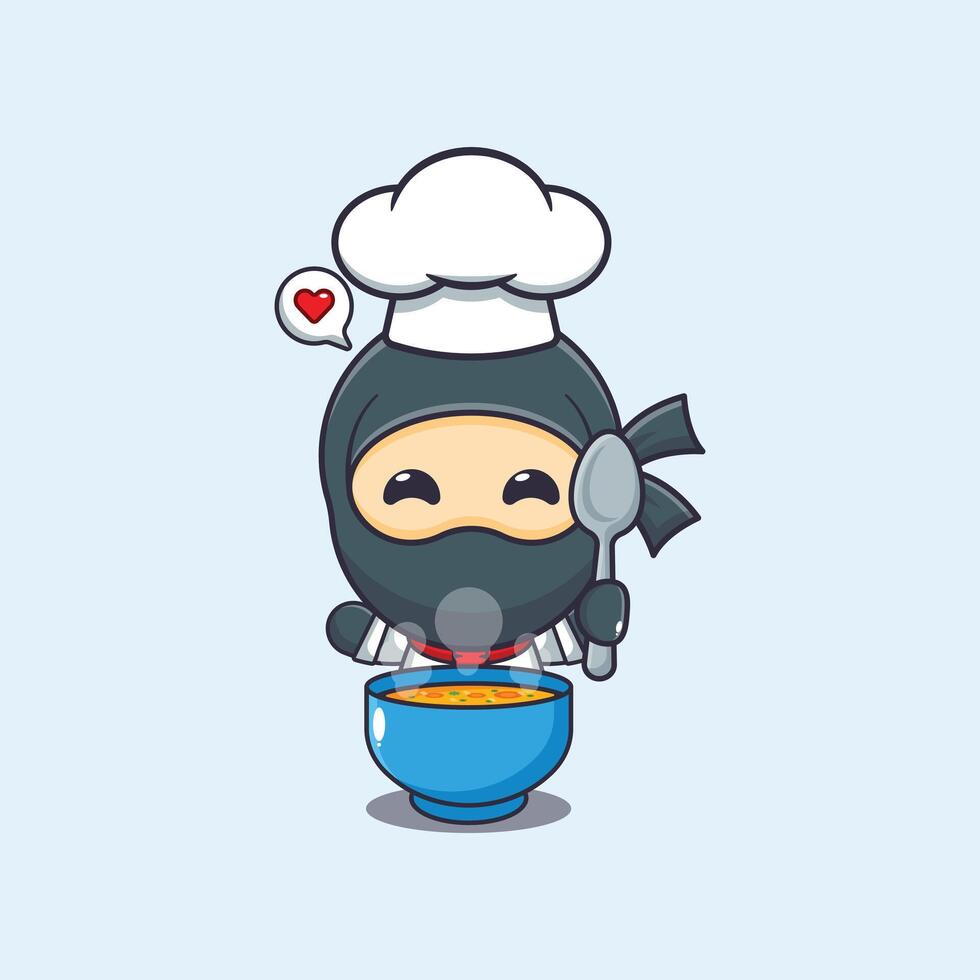 Cute chef ninja with soup cartoon illustration vector