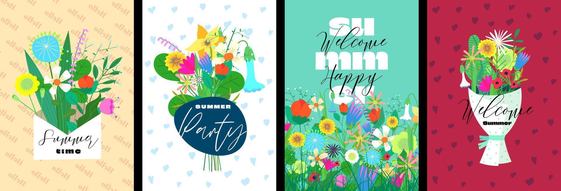 Welcome happy summer abstract flowers bouquet and meadow poster. Floral hand drawn art season holiday placard set. Hello summertime artistic print. Herbal plants postcard. eps illustration vector