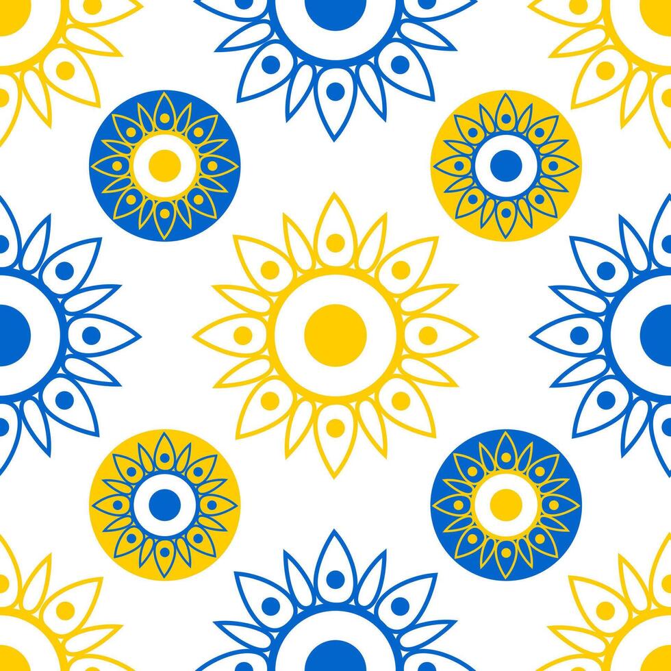 Symmetrical geometric openwork sunflowers in blue and yellow on a white background form a seamless modern pattern. vector