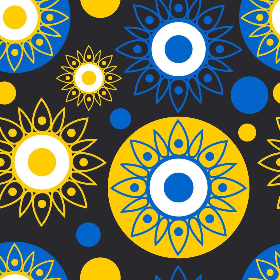 Symmetrical geometric openwork sunflowers in blue and yellow on a black background form a seamless modern pattern. vector