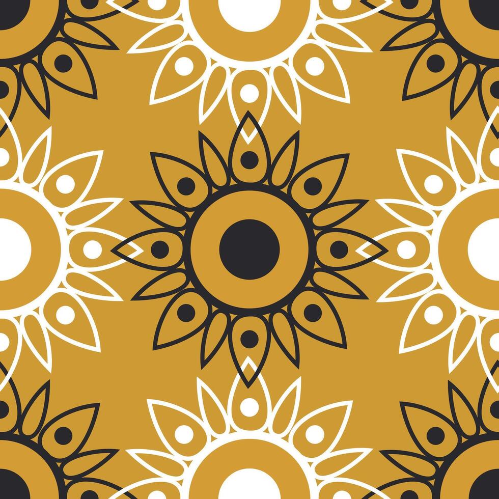 Symmetrical geometric openwork sunflowers in white and black against a mustard background form a seamless modern pattern. vector