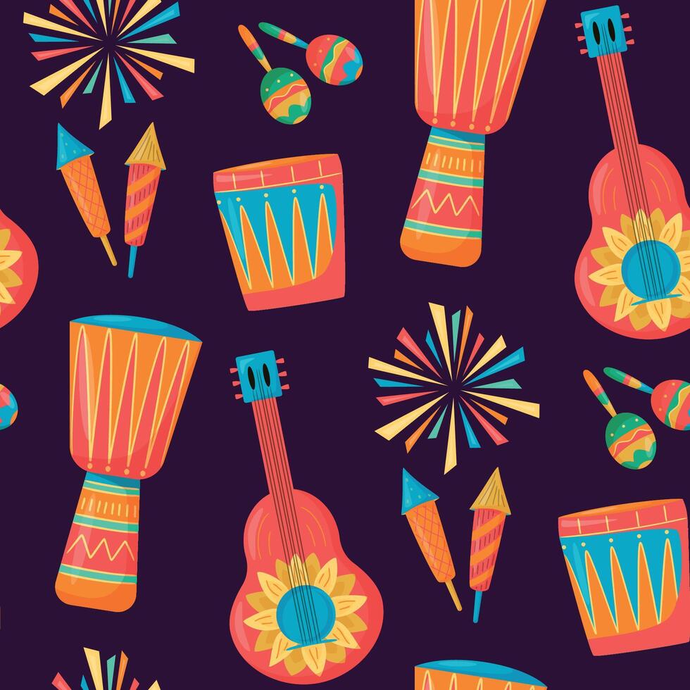 Seamless pattern with musical instruments. Festa Junina celebration with firework, maracas, drum, guitar on dark background. For digital paper, cards, banner. Traditional Celebration Festa Junina vector