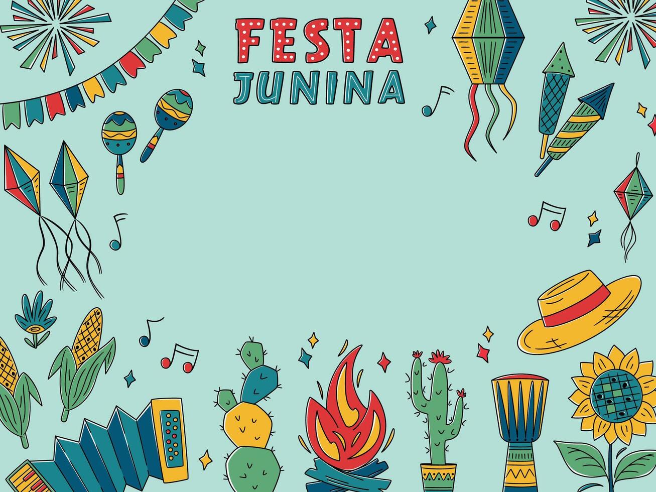 Festa Junina celebration Banner, Greeting Card, Poster. Brazil June Festival Design. Folklore Holiday. Guitar, Accordion, Cactus, Sunflower, Campfire, Garland. Festa de Sao Joao vector