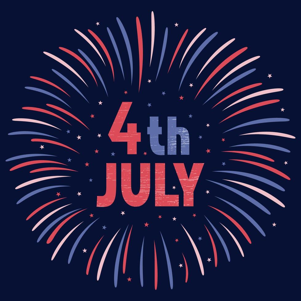 Fourth of July banner. American Independence Day. 4th of July typographic design. Greeting card and poster design with fireworks in colours of US flag on dark blue vector