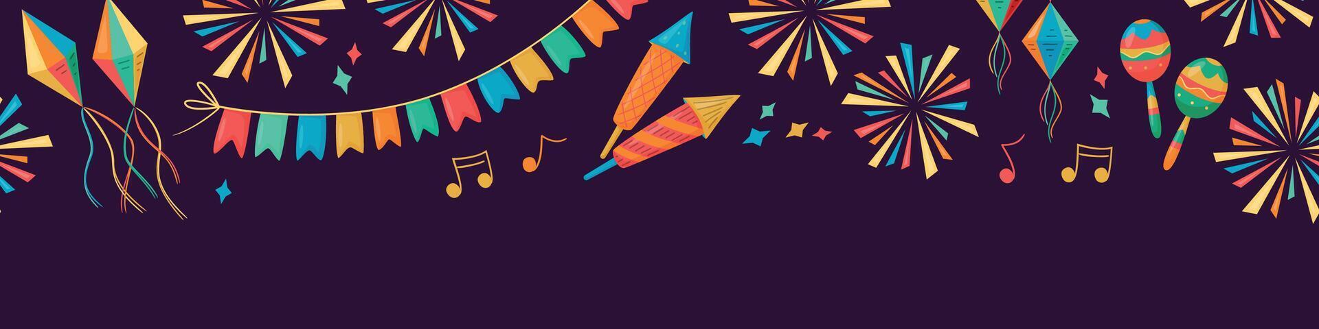 Seamless horizontal Festa Junina celebration border with garland, firework, maracas, music signs on dark background. For digital paper, cards, banner. Traditional Celebration Festa Junina background vector