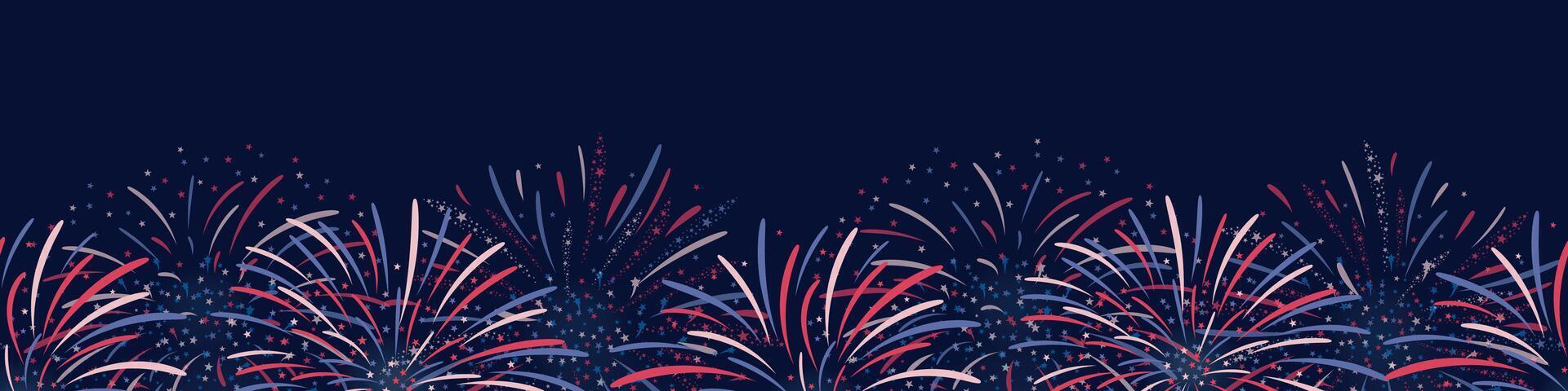 Seamless horizontal Fireworks background in red, blue and white colours for US Independence Day, Bastille Day, 4th of July. seamless border on dark. For digital paper, cards, banner vector