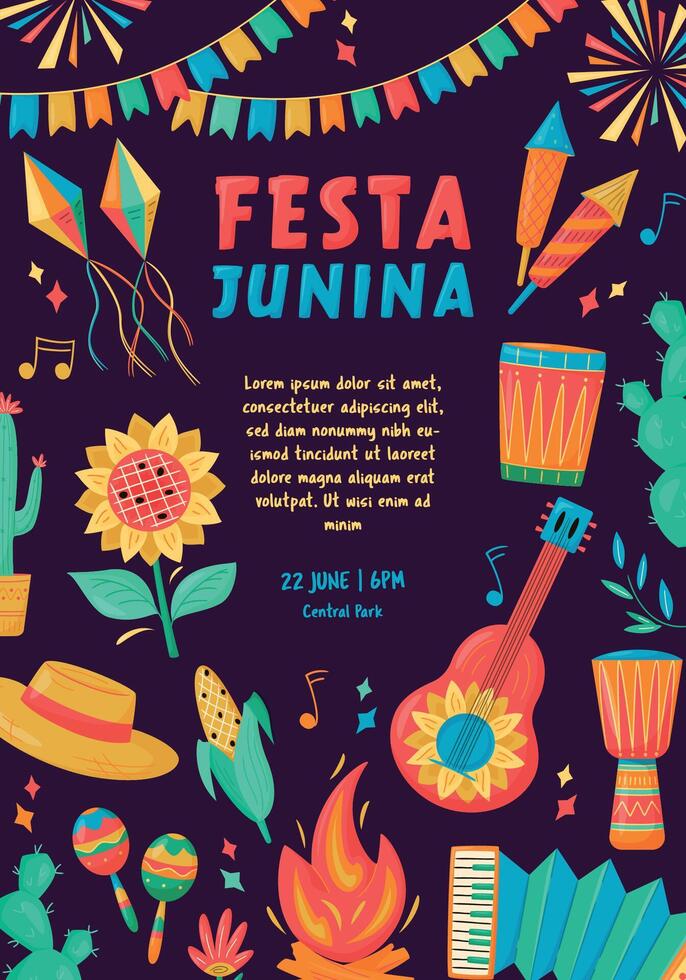 Festa Junina celebration Banner, Poster. Brazil June Festival Design. Folklore Holiday. Guitar, Accordion, Cactus, Sunflower, Campfire on dark background. Festa de Sao Joao vector