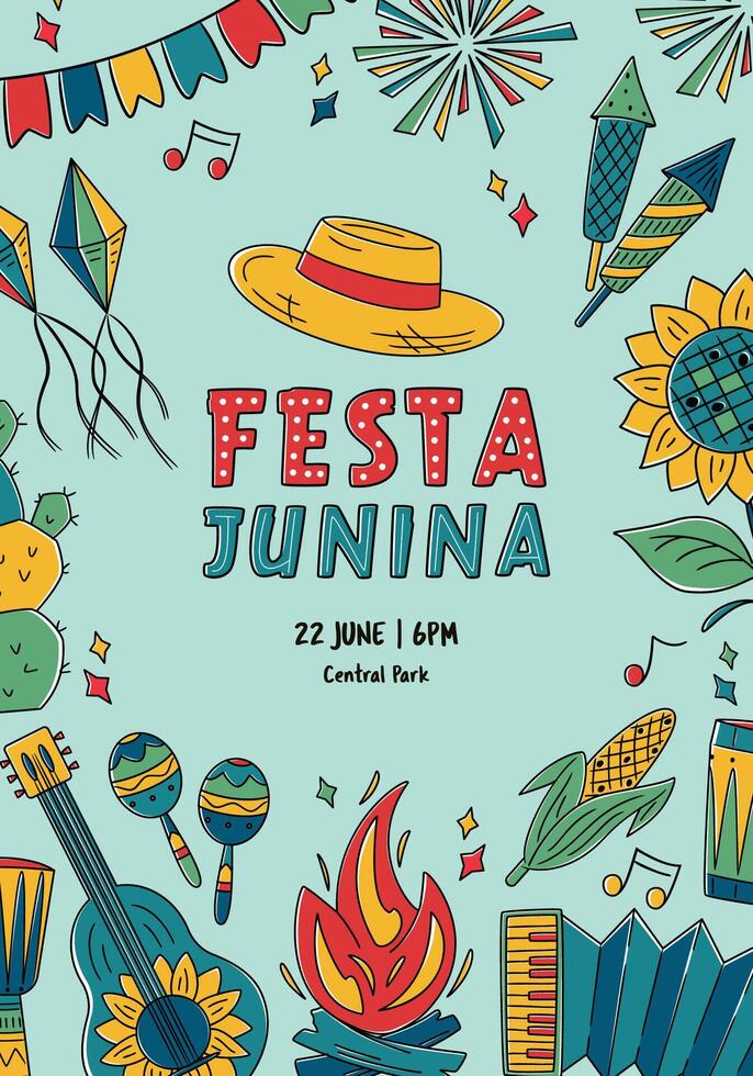 Festa Junina celebration. Brazil June Festival Design. Folklore Holiday. Guitar, Accordion, Cactus, Sunflower, Campfire, garland. Banner, Greeting Card, Poster. Festa de Sao Joao vector