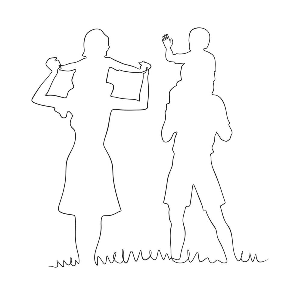 Line art drawing of a family enjoying a day together outdoors vector