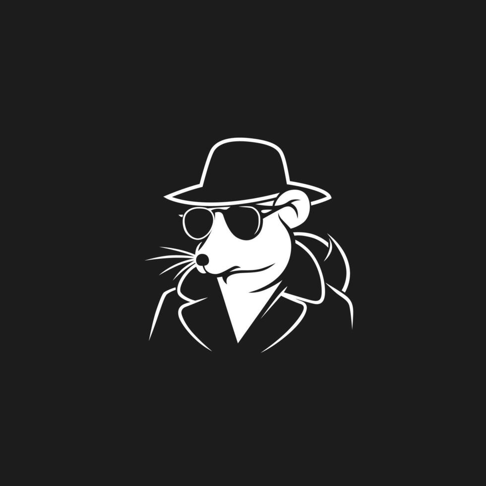 Black and white illustration of a rat detective wearing a hat and sunglasses vector