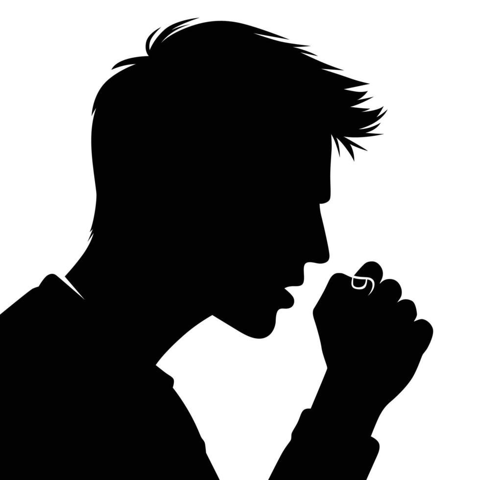 Black and white silhouette of a man with spiky hair coughing into his hand vector