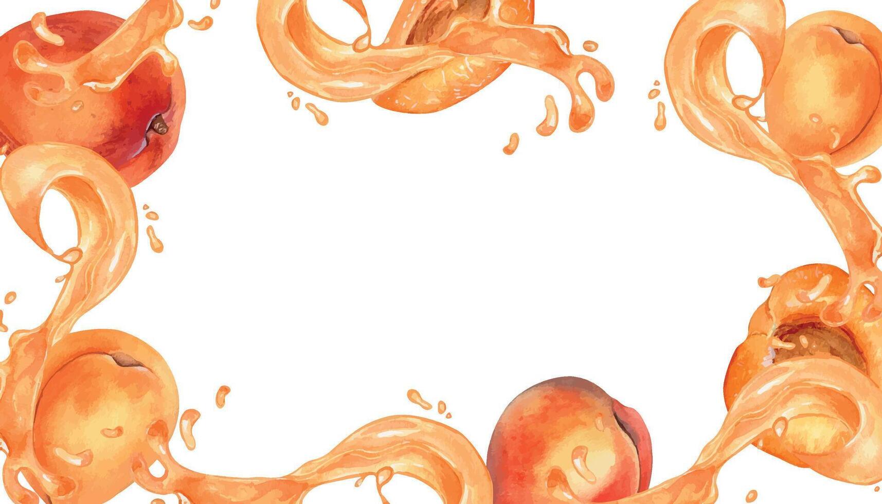 Frame of watercolor peach splash juice and apricot illustration isolated on white. Orange liquid and fruits hand drawn. Design element for packaging, menu, label, drink, ice-cream, tableware vector