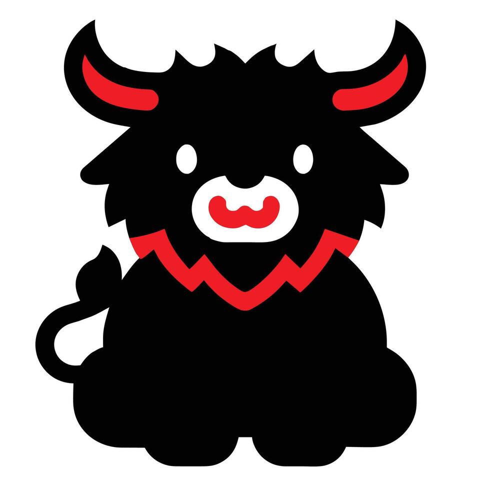 A simple, minimalist anime style illustration of a black bull with red horns and a red collar, sitting on a white background. vector