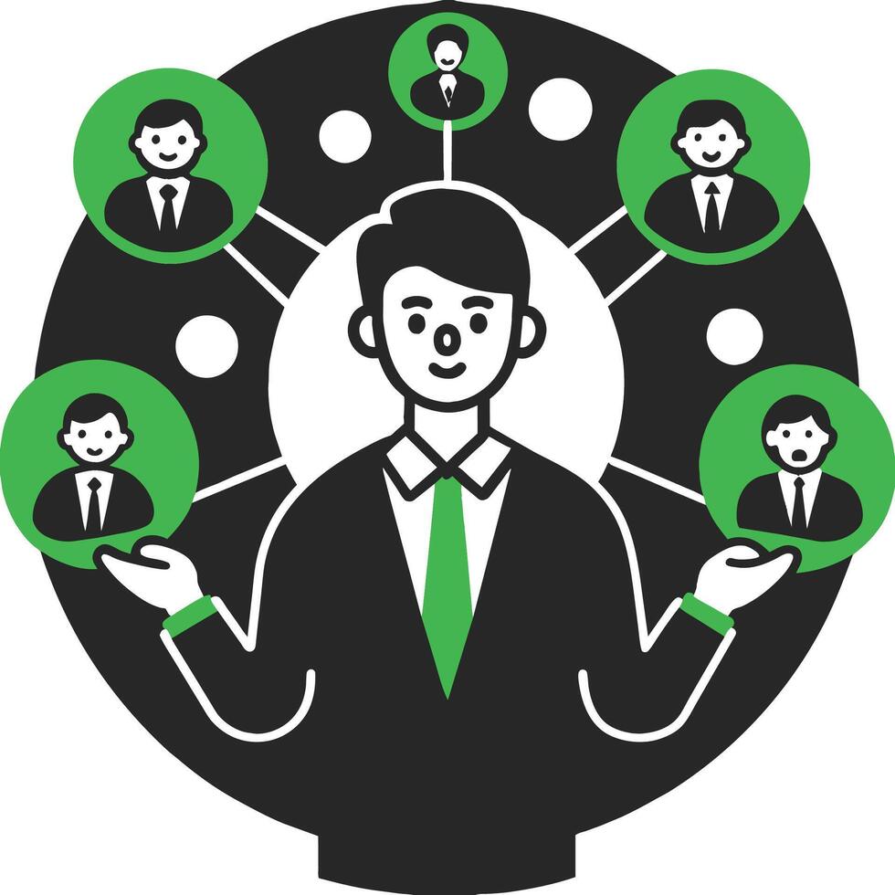 A businessman stands at the center of a network, holding a holographic global partner icon in his hand. vector
