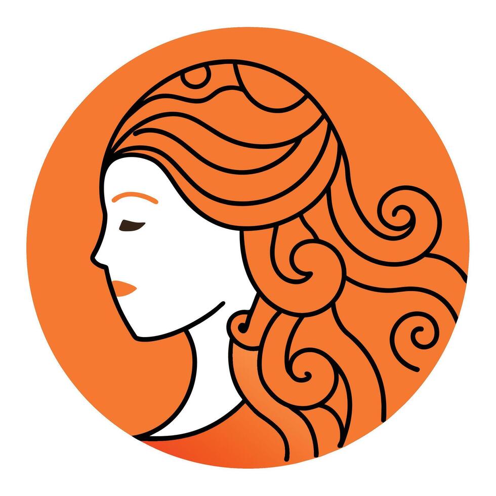 Quilled paper art of a womans profile in circular frame with orange background. Detailed quilling creates unique artistic representation of her face and hair. vector