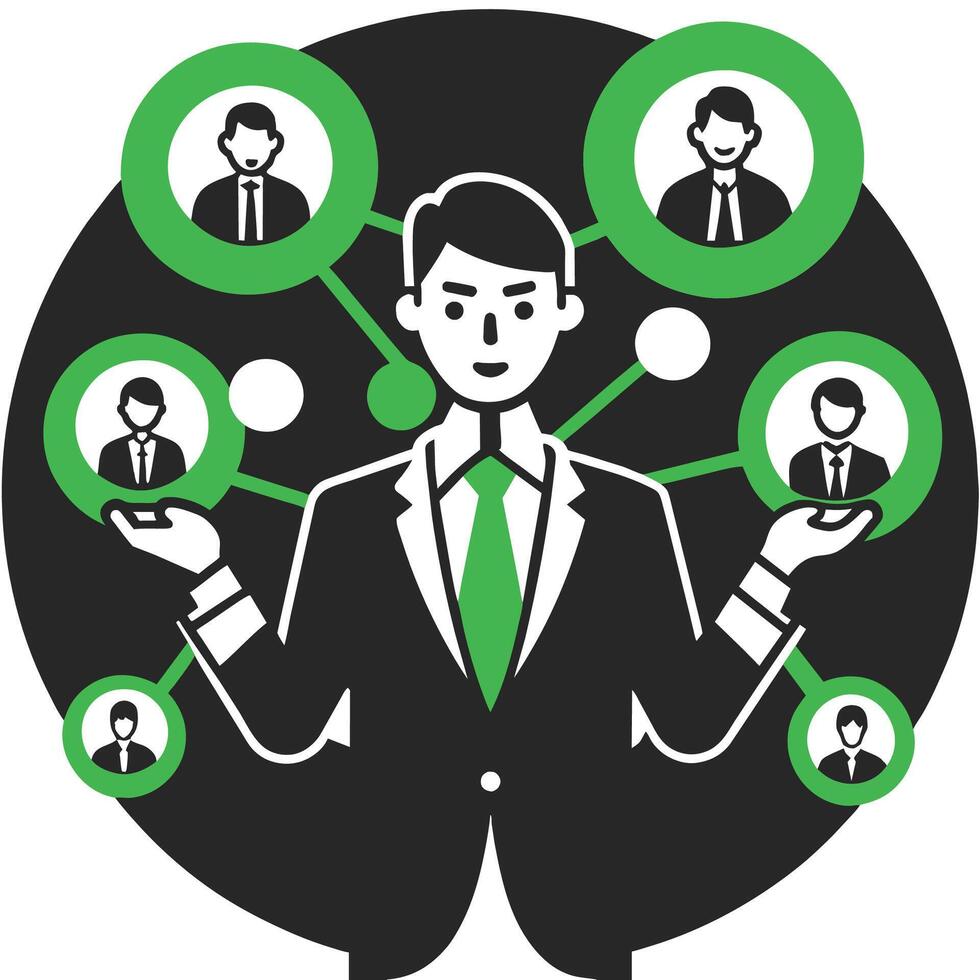 An illustration of a businessman presenting holographic avatars of global partners, showcasing the concept of digital collaboration and global connectivity. vector