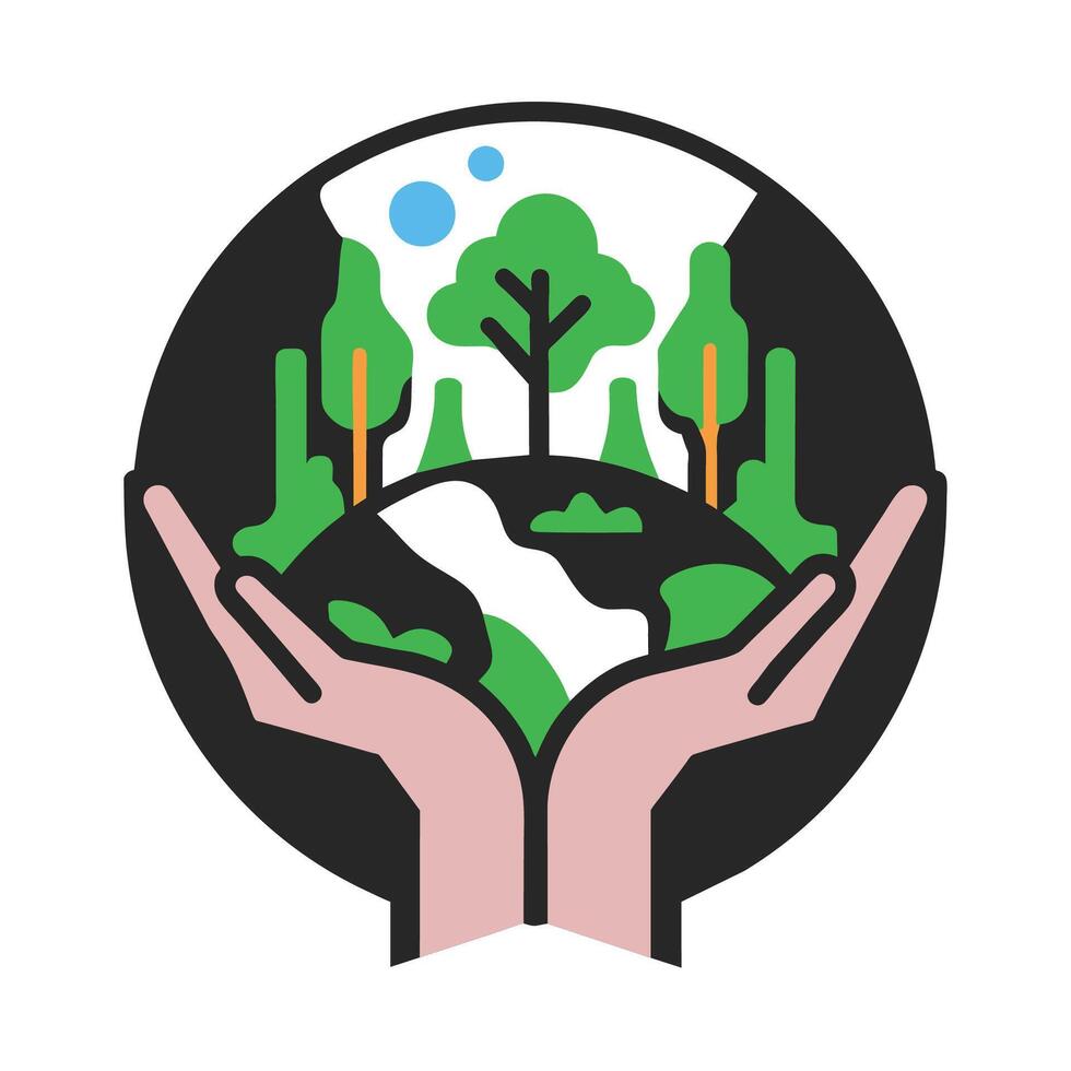 A vibrant illustration featuring two hands cupped together, protecting a green Earth with a lush forest and a clear blue sky. vector