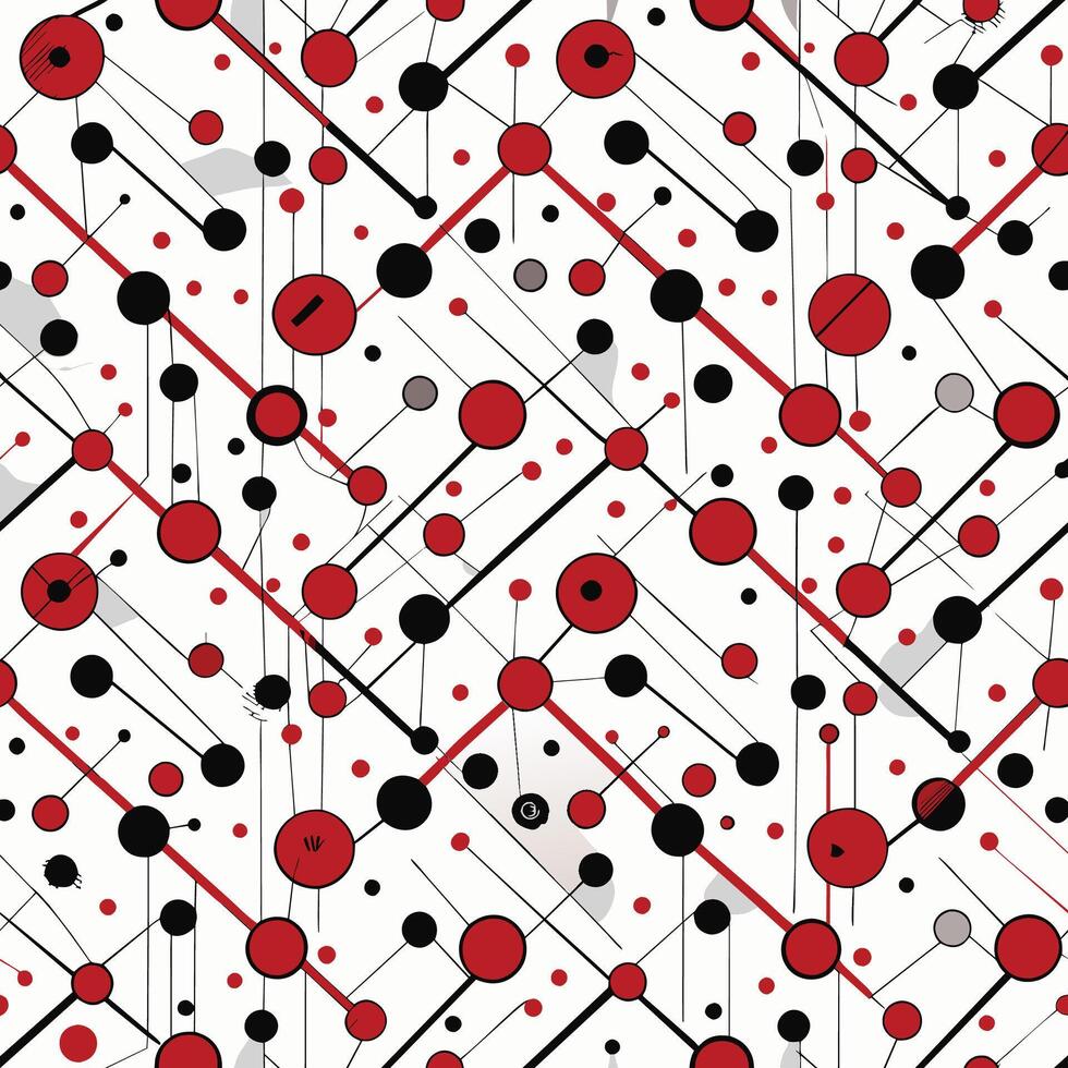 A seamless pattern featuring red and black circles connected by thin lines, arranged in a diagonal grid on a white background. vector
