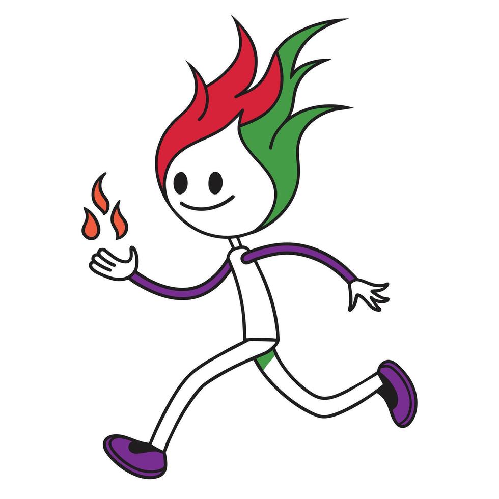 A stick figure with red and green flames for hair runs with a small flame in its hand. vector