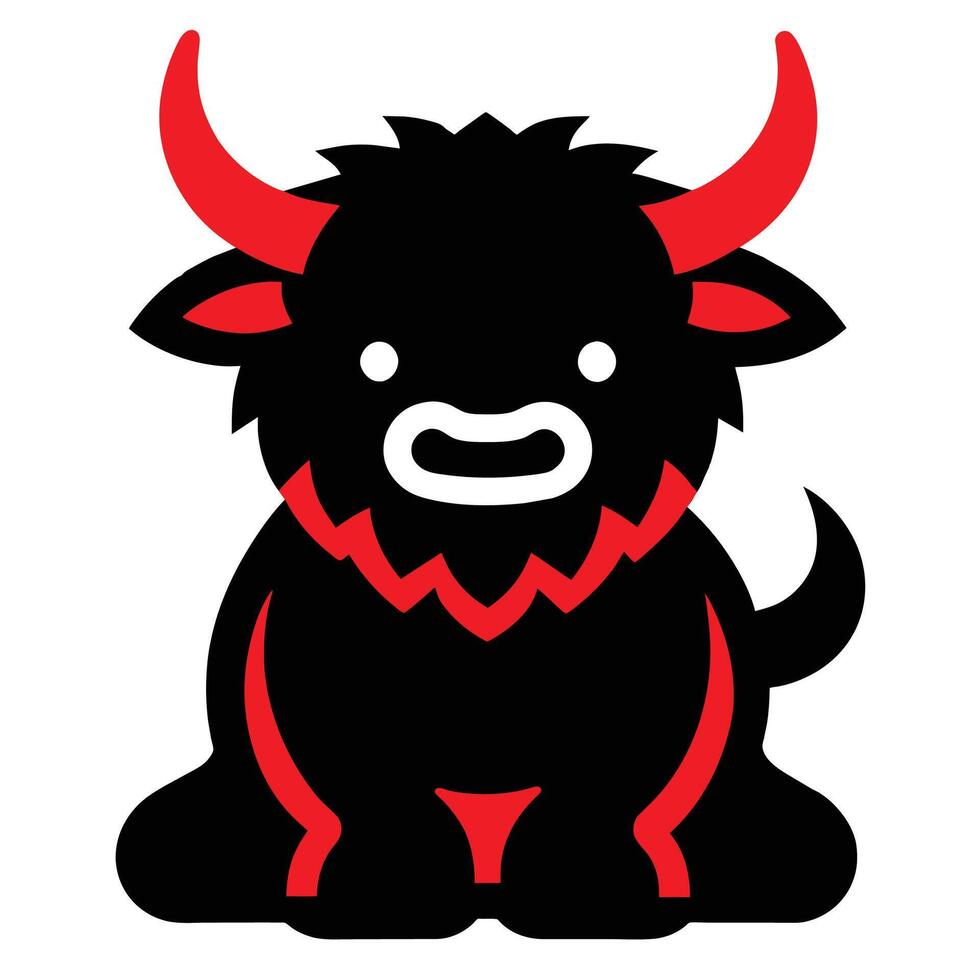 A cute and captivating anime-style illustration of a black yak with red horns, sitting on a white background. vector