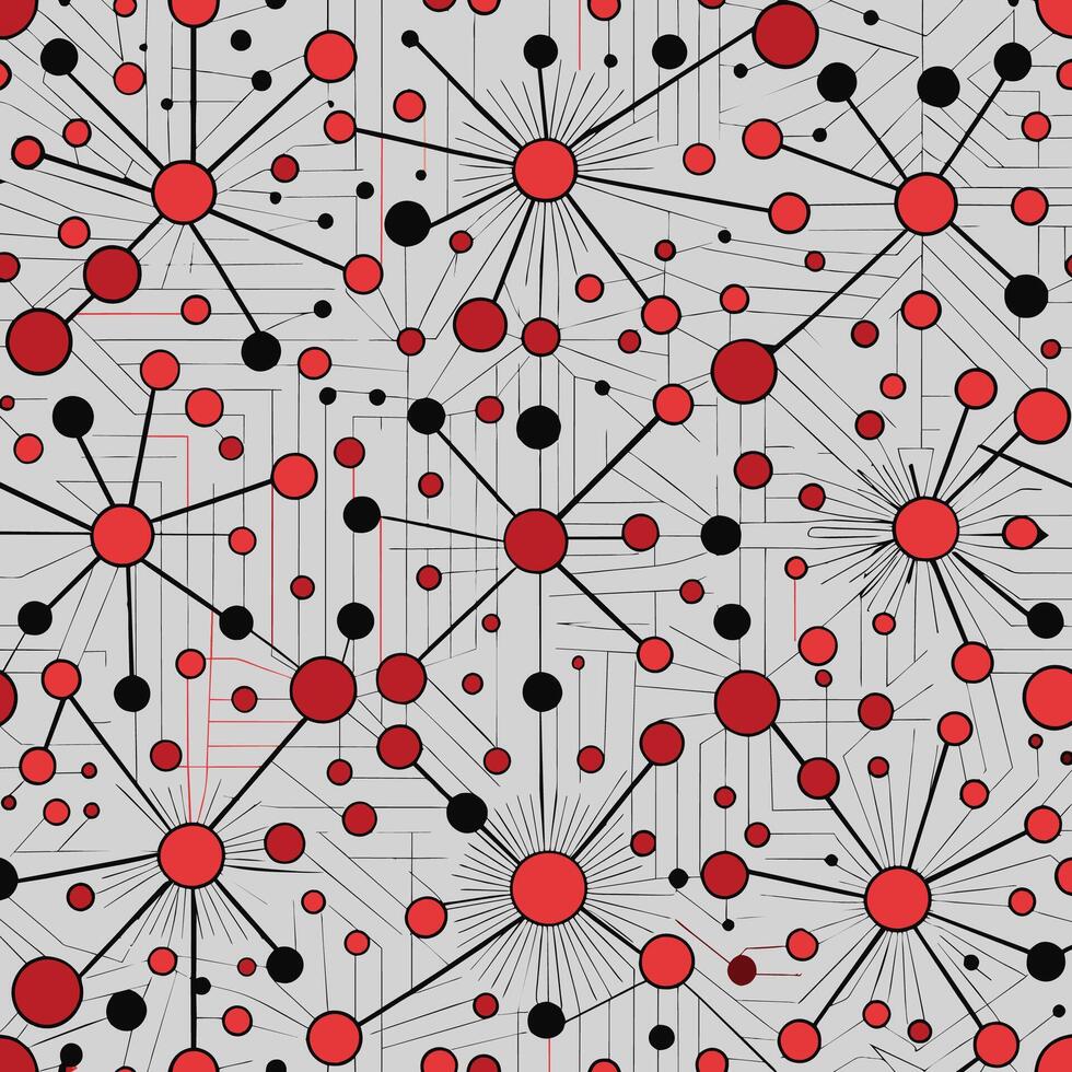 A seamless pattern featuring red and black circles connected by lines, creating a network-like design on a gray background. vector