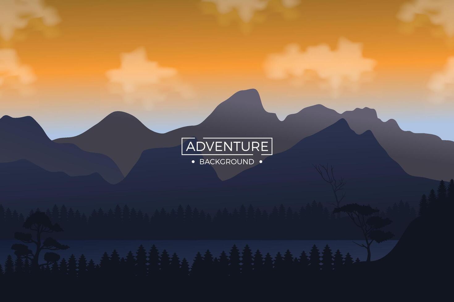 Mountain background with fir trees and orange light reflected at night. Background illustration vector