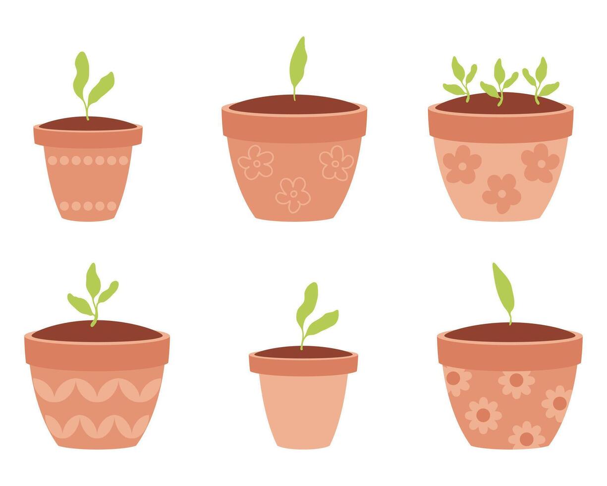 Small seedling sprouts in a flower pots doodle collection. Hand drawn illustration isolated on white background. vector