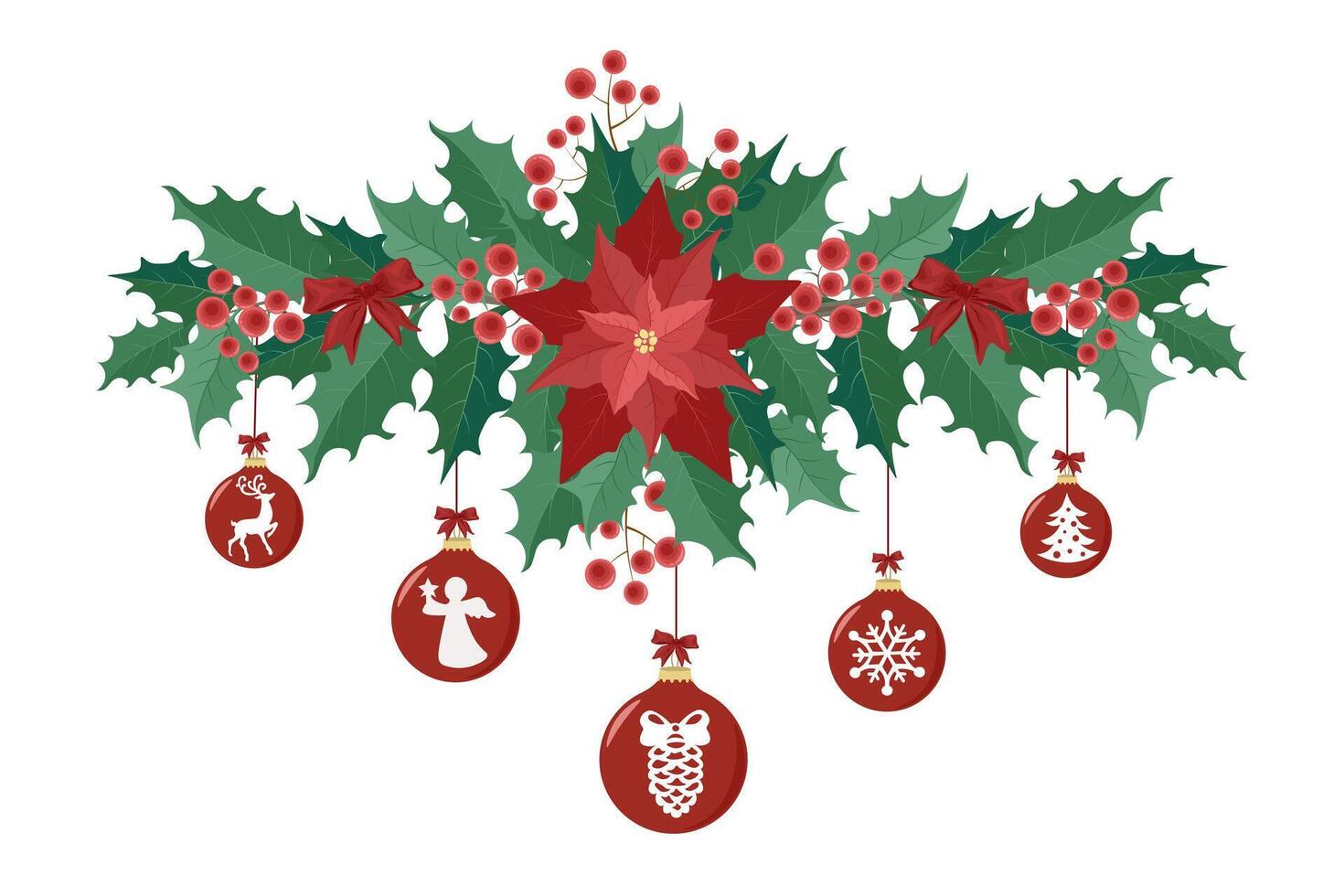 horizontal Christmas composition of poinsettia and twigs with green leaves, red berries and balls vector