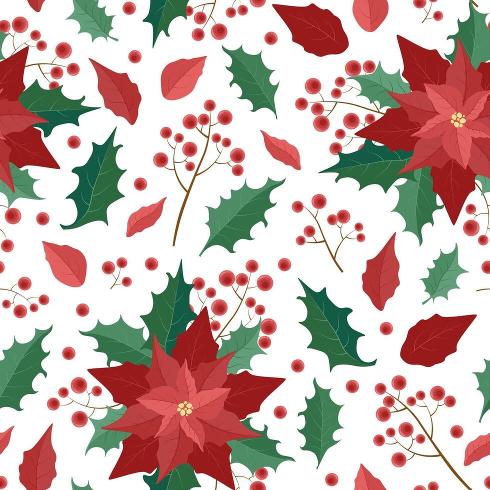 pattern composition of poinsettia leaves and flowers with red berries on a branch vector