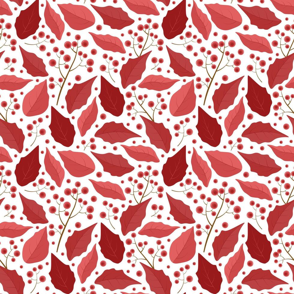 pattern of poinsettia leaves and red berries on a branch vector