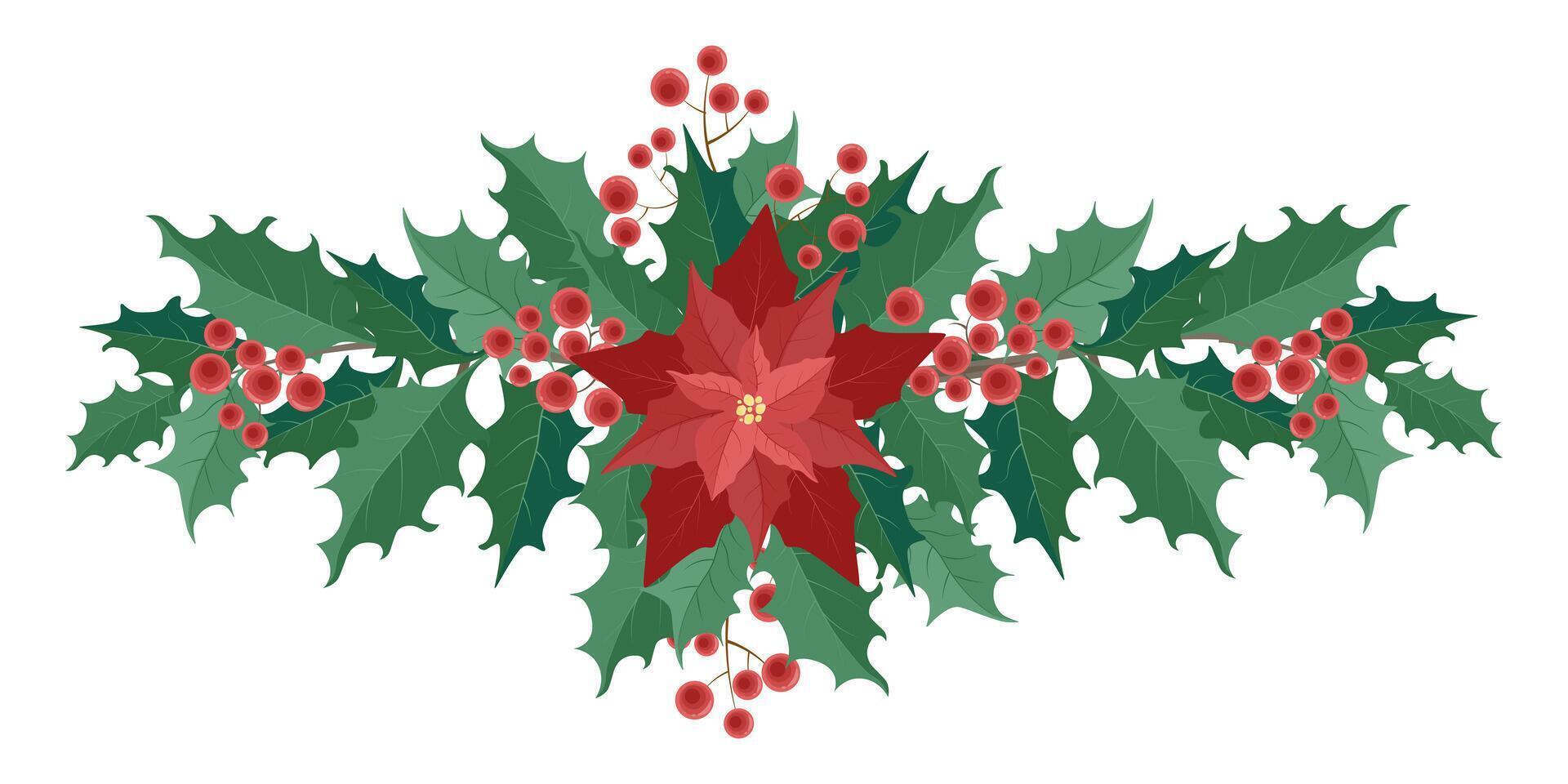 horizontal Christmas composition of poinsettia and twigs with green leaves and red berries vector