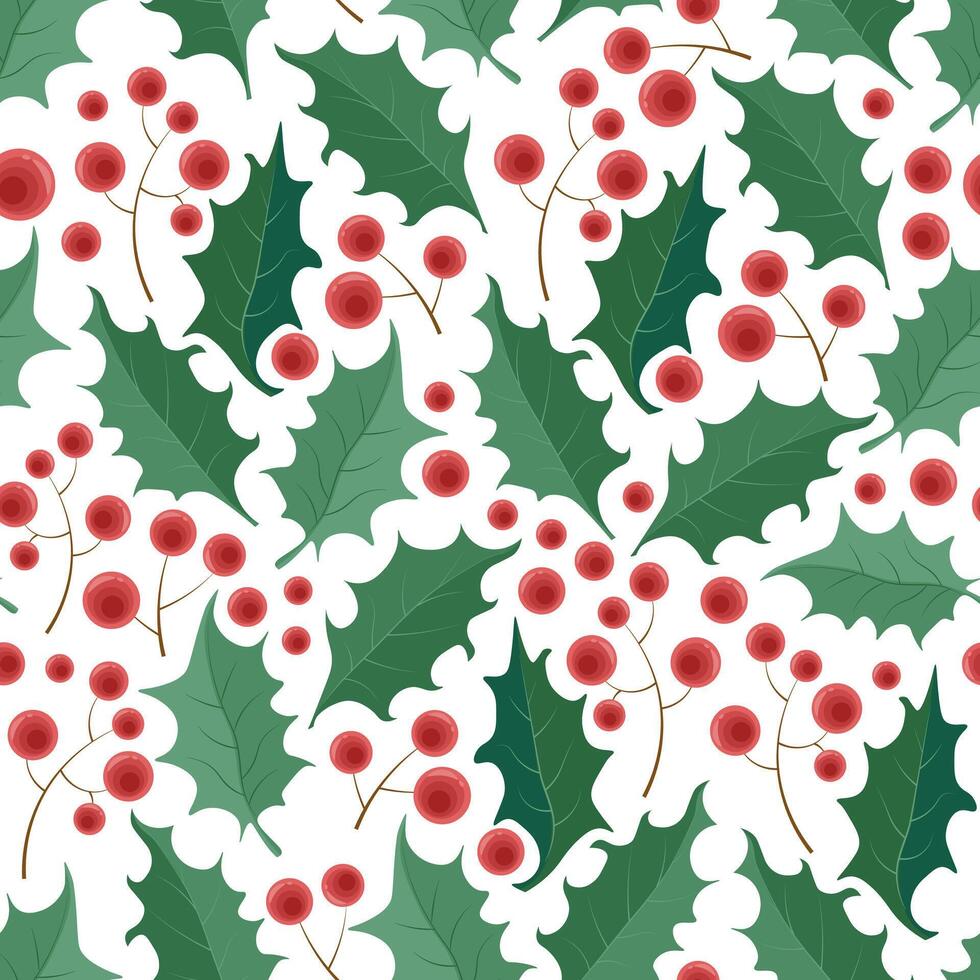 pattern with green holly leaves and red berries on a branch vector